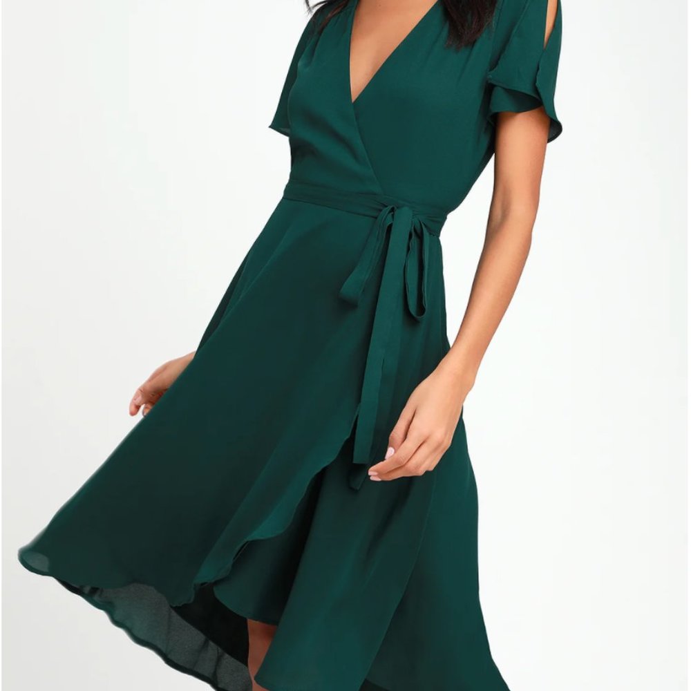 Lulu's Rise to the Occasion Emerald Green Midi Wrap Dress